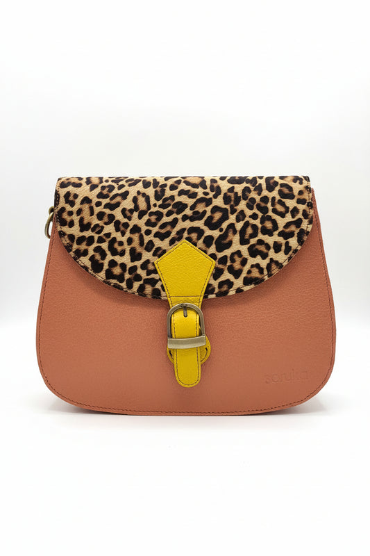 Borsa mezzaluna rosa antico gheo fibia gialla