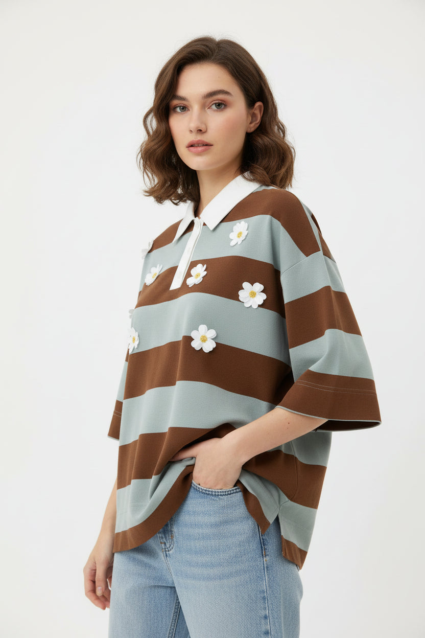 Polo a righe con margherite 3D