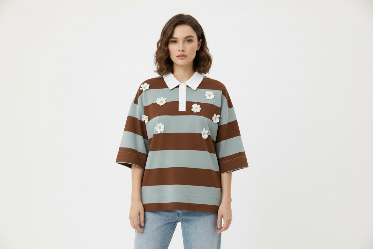Polo a righe con margherite 3D