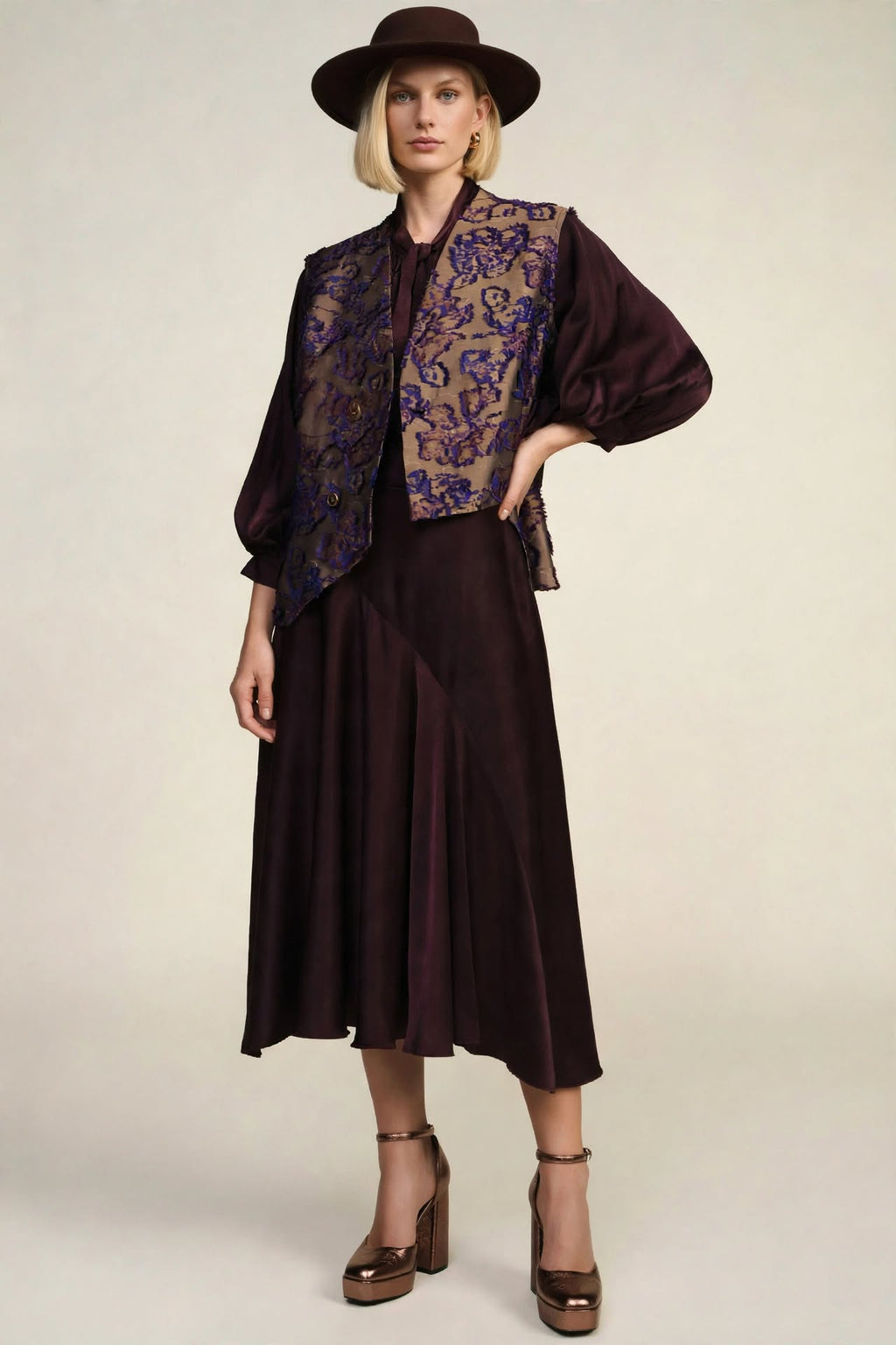 Gilet Sartoriale Asimmetrico Jacquard Floreale Fil Coupé - Moro e Blu