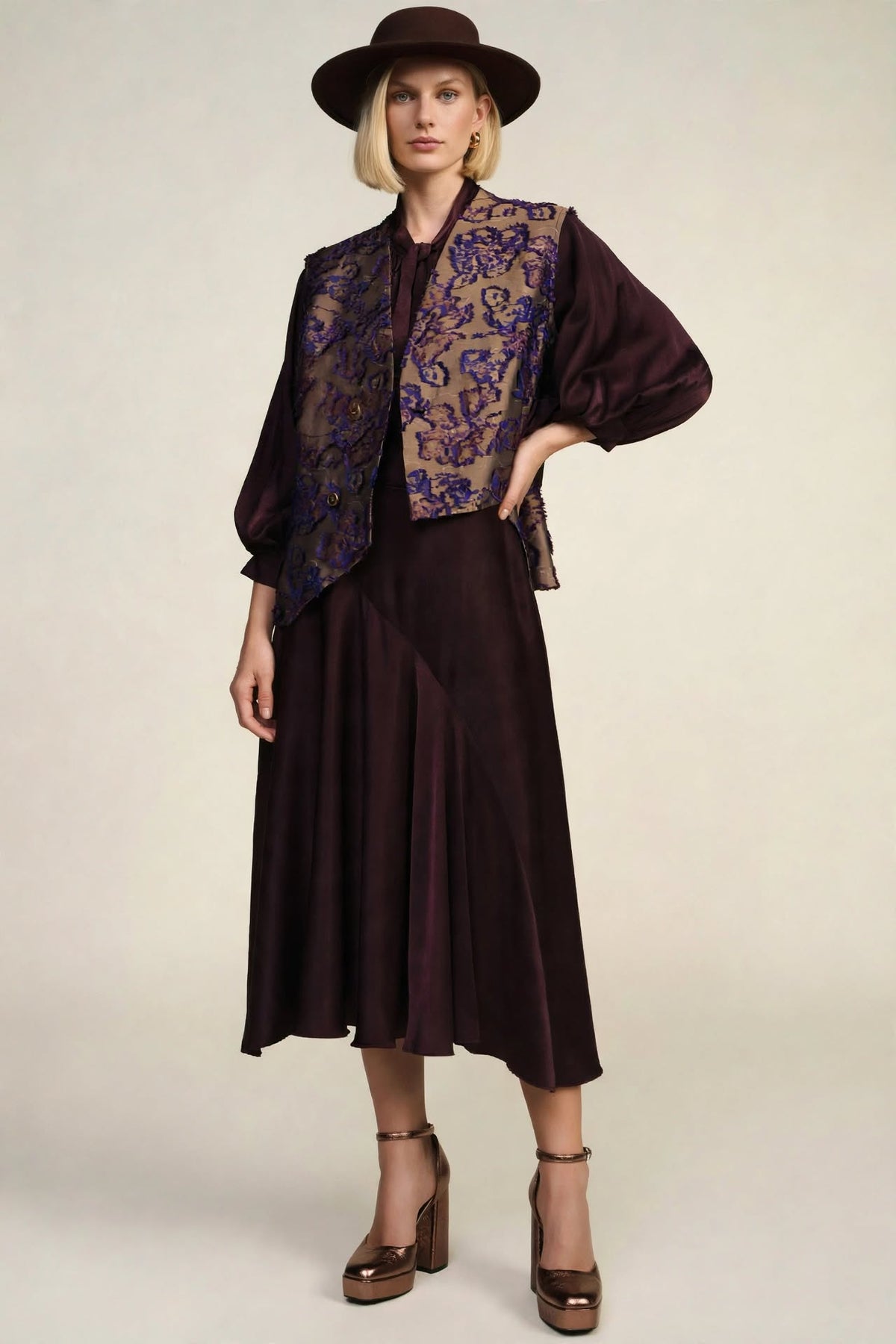Gilet Sartoriale Asimmetrico Jacquard Floreale Fil Coupé - Moro e Blu