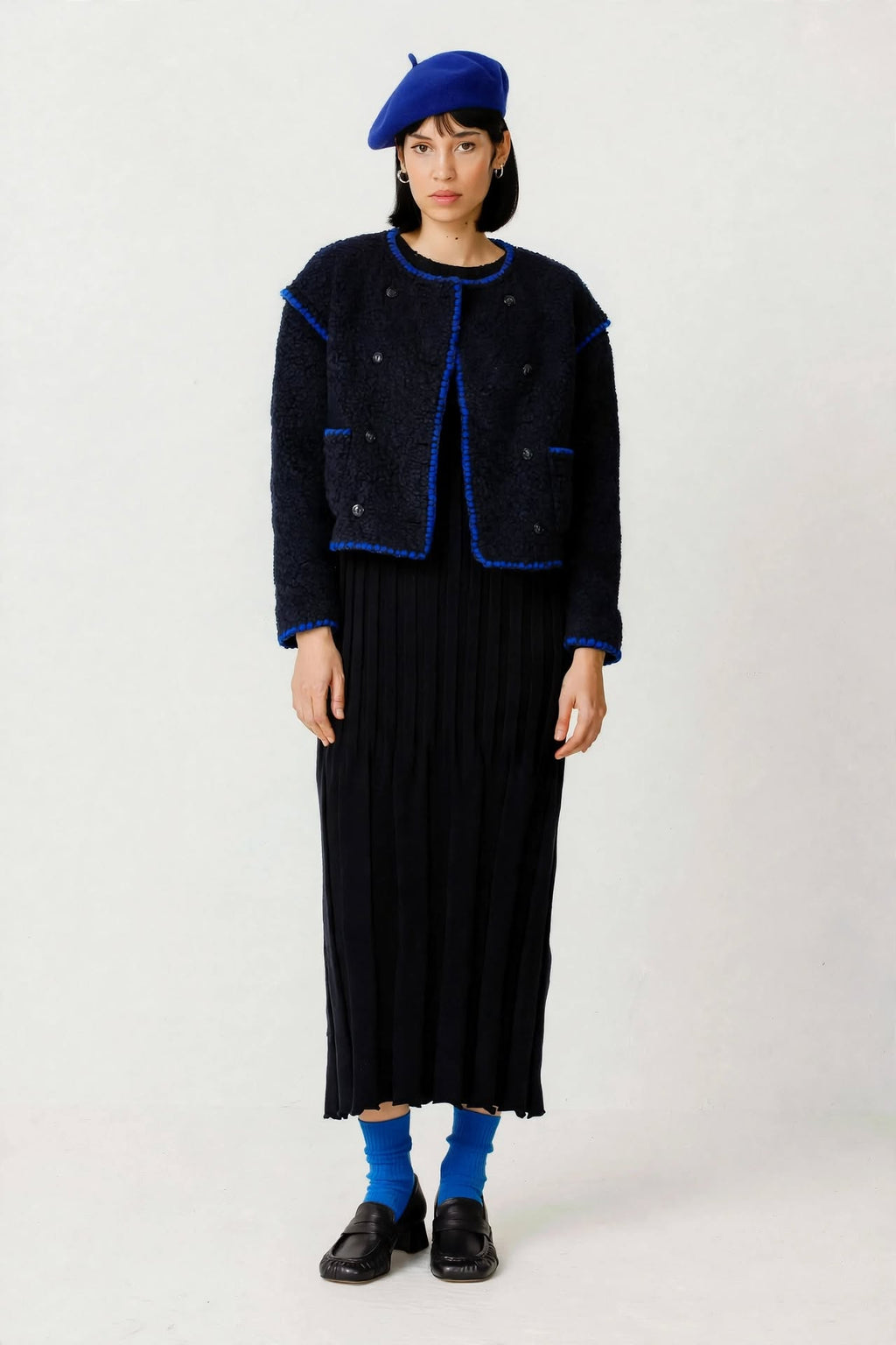 Giacca bouclé corta doppiopetto  - Navy Blue con profili Royal Blue