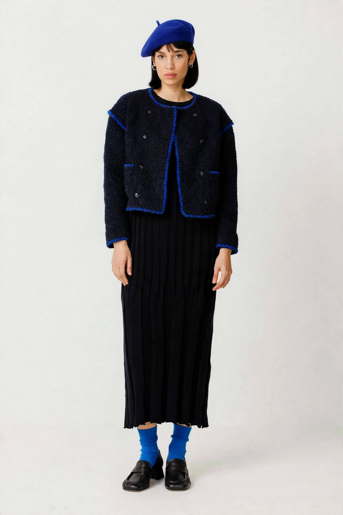 Giacca bouclé corta doppiopetto  - Navy Blue con profili Royal Blue