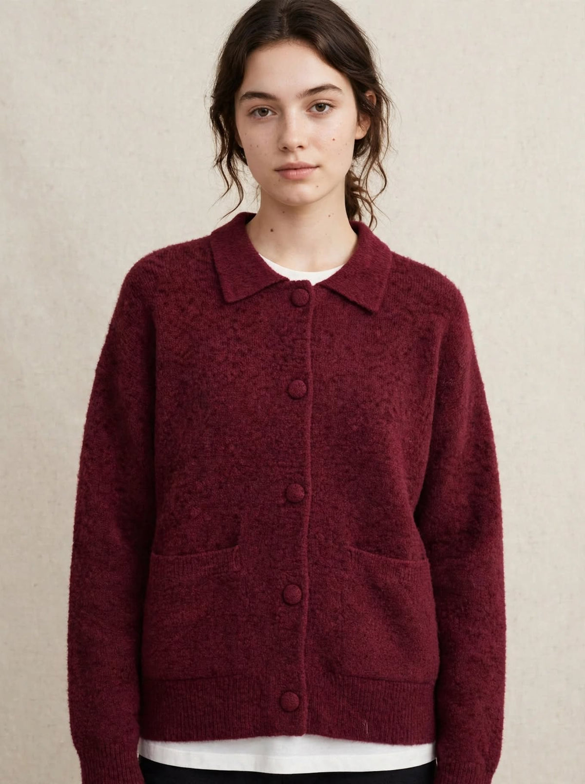 Cardigan colletto bottoni rivestiti burgundy